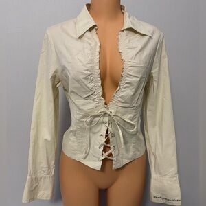 Vintage Harley Davidson Lace Up Long Sleeve Embroidered Ivory Blouse Womens sz M